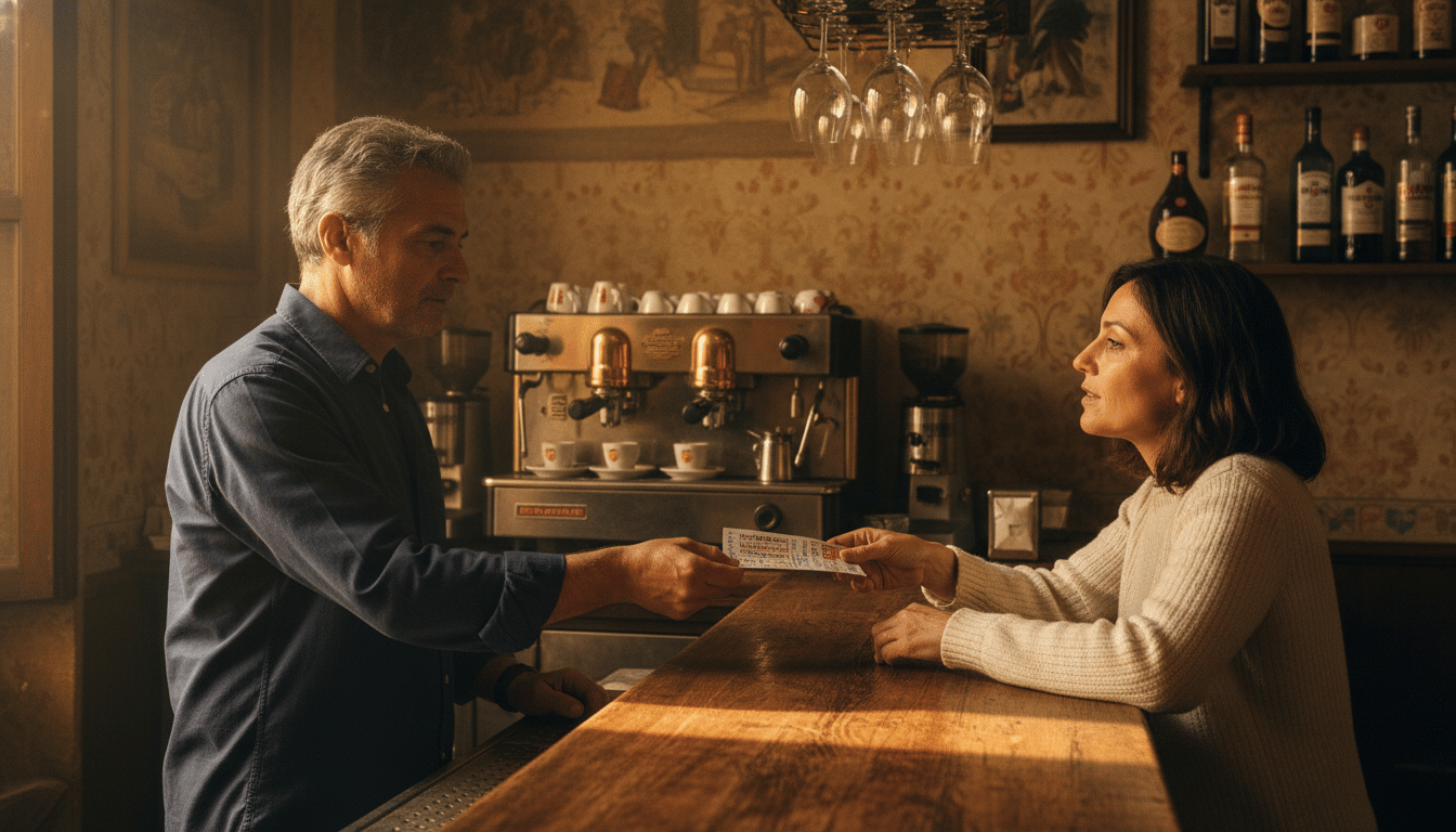 Homme offrant un ticket à gratter dans un bar italien