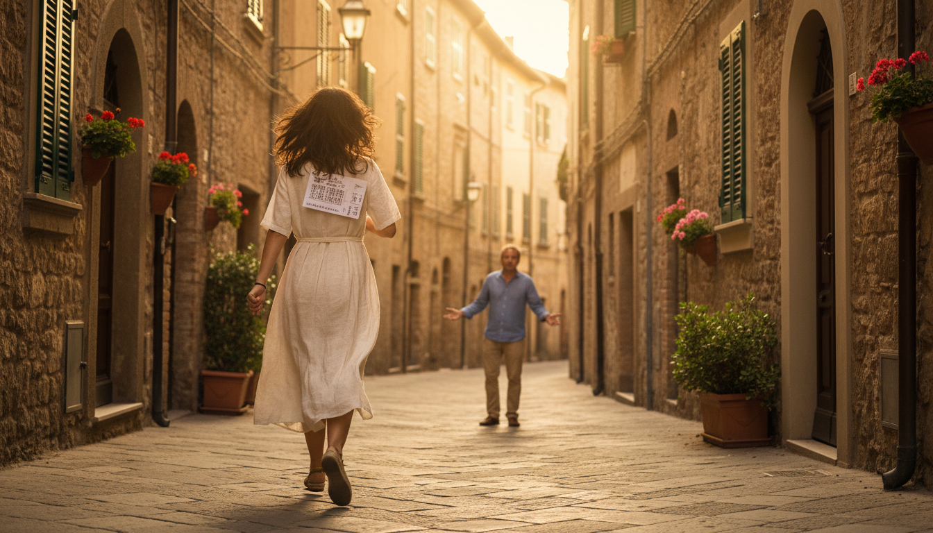 Femme s'éloignant avec le ticket à gratter dans une rue italienne