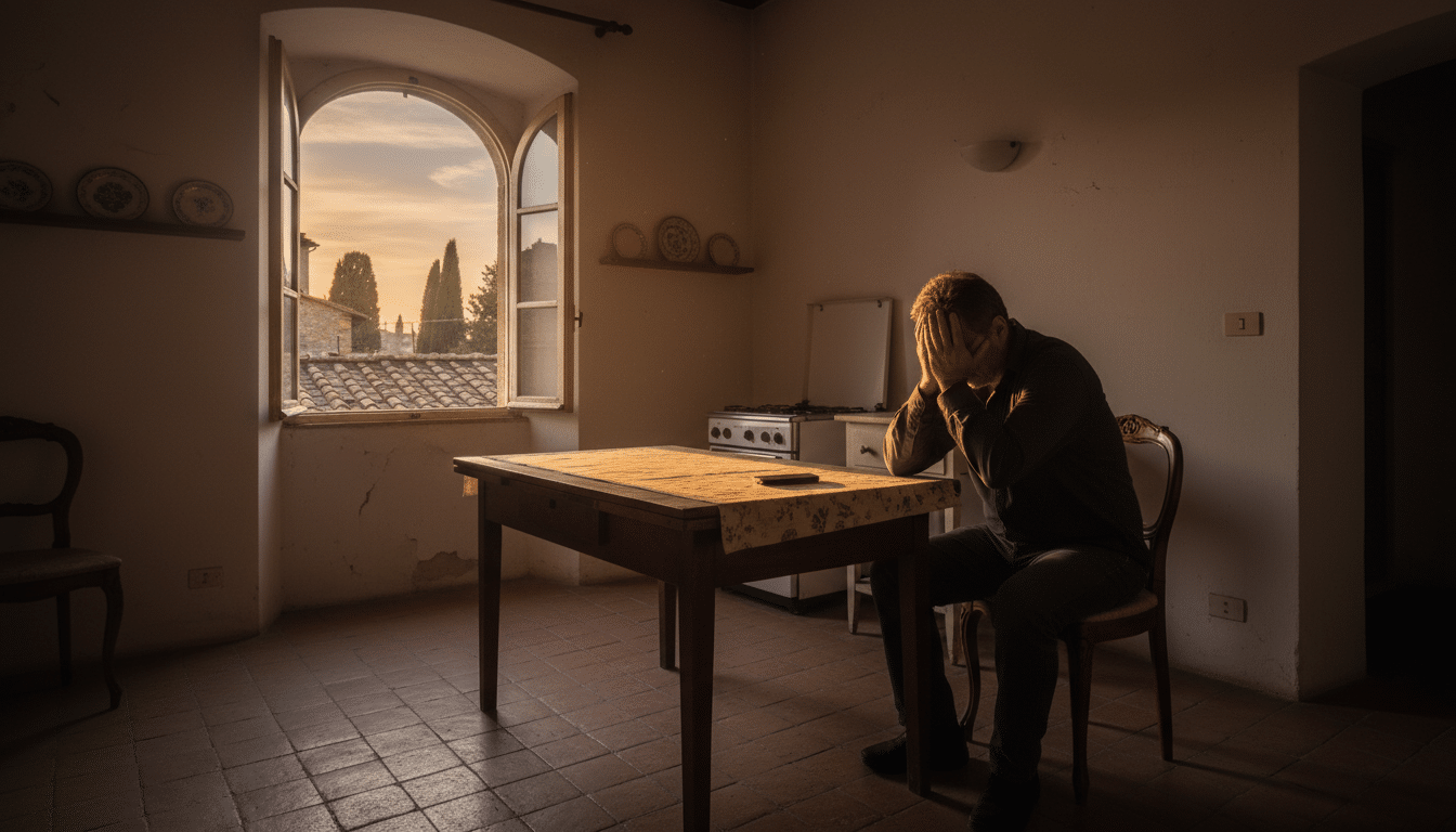 Homme seul et désemparé dans un appartement vide