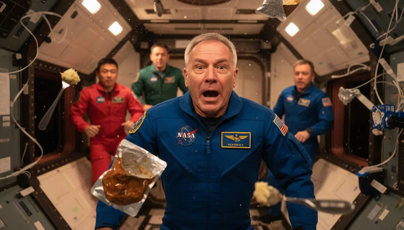 Astronaute en état de choc dans l'ISS pendant un repas