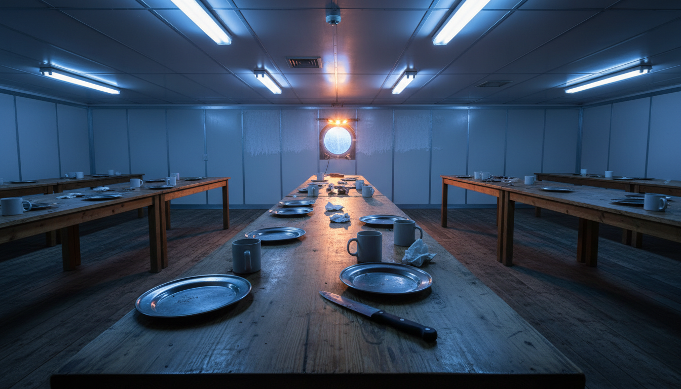 Réfectoire d'une base scientifique en Antarctique