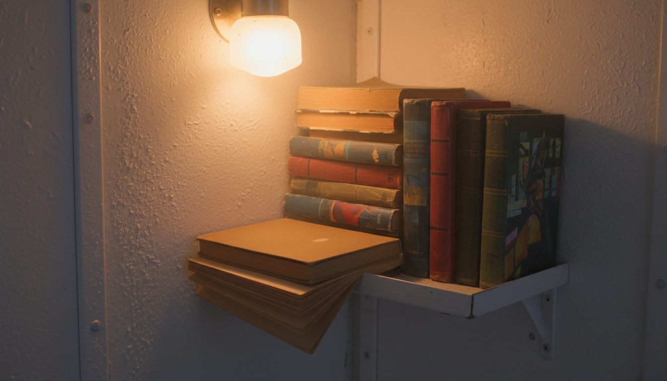 Livres usés dans une chambre de station polaire