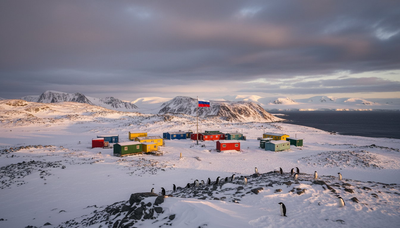 Base Bellingshausen en Antarctique sous ciel nuageux