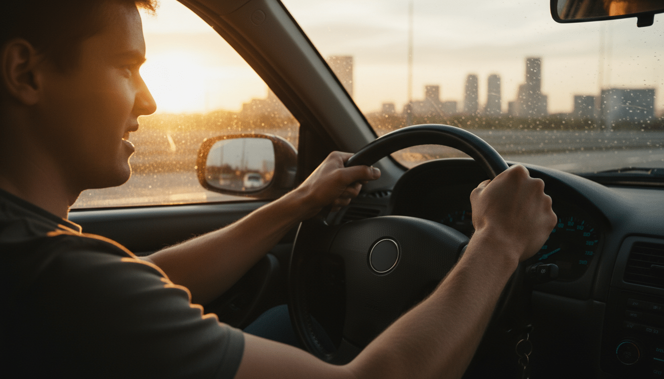 Mains crispées sur un volant au crépuscule