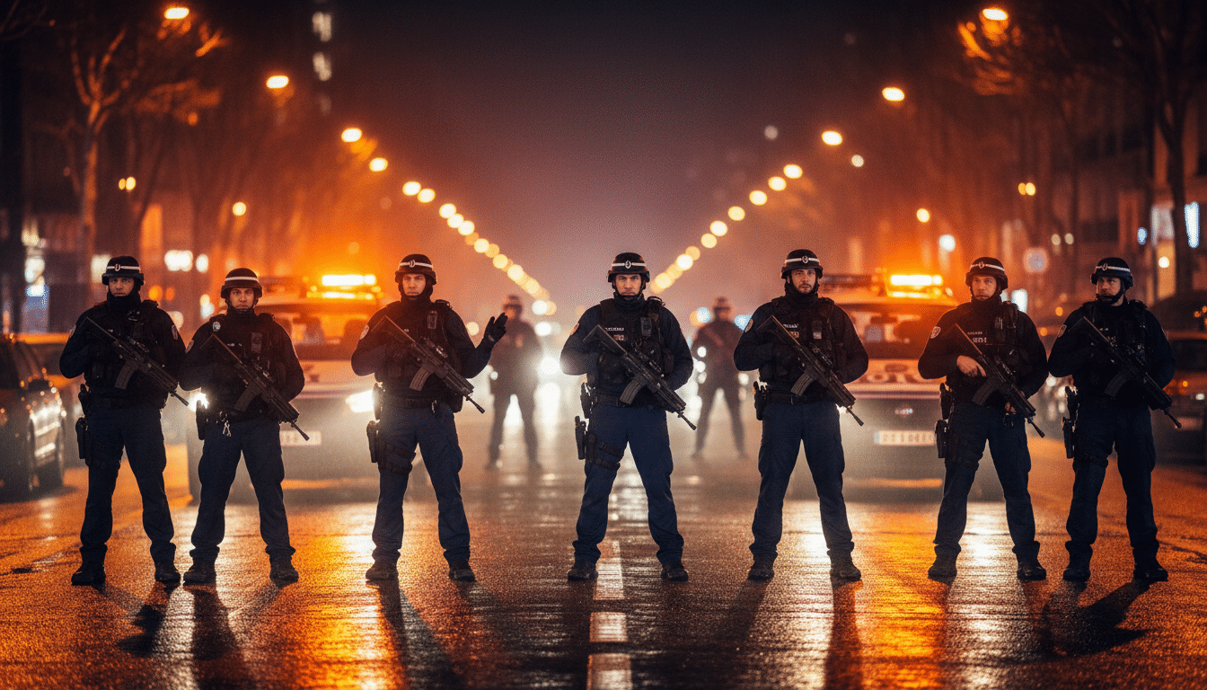 Policiers français sécurisant une route de nuit