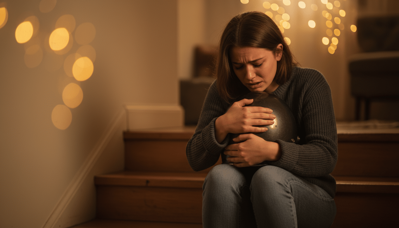 Jeune femme en deuil tenant un casque de moto