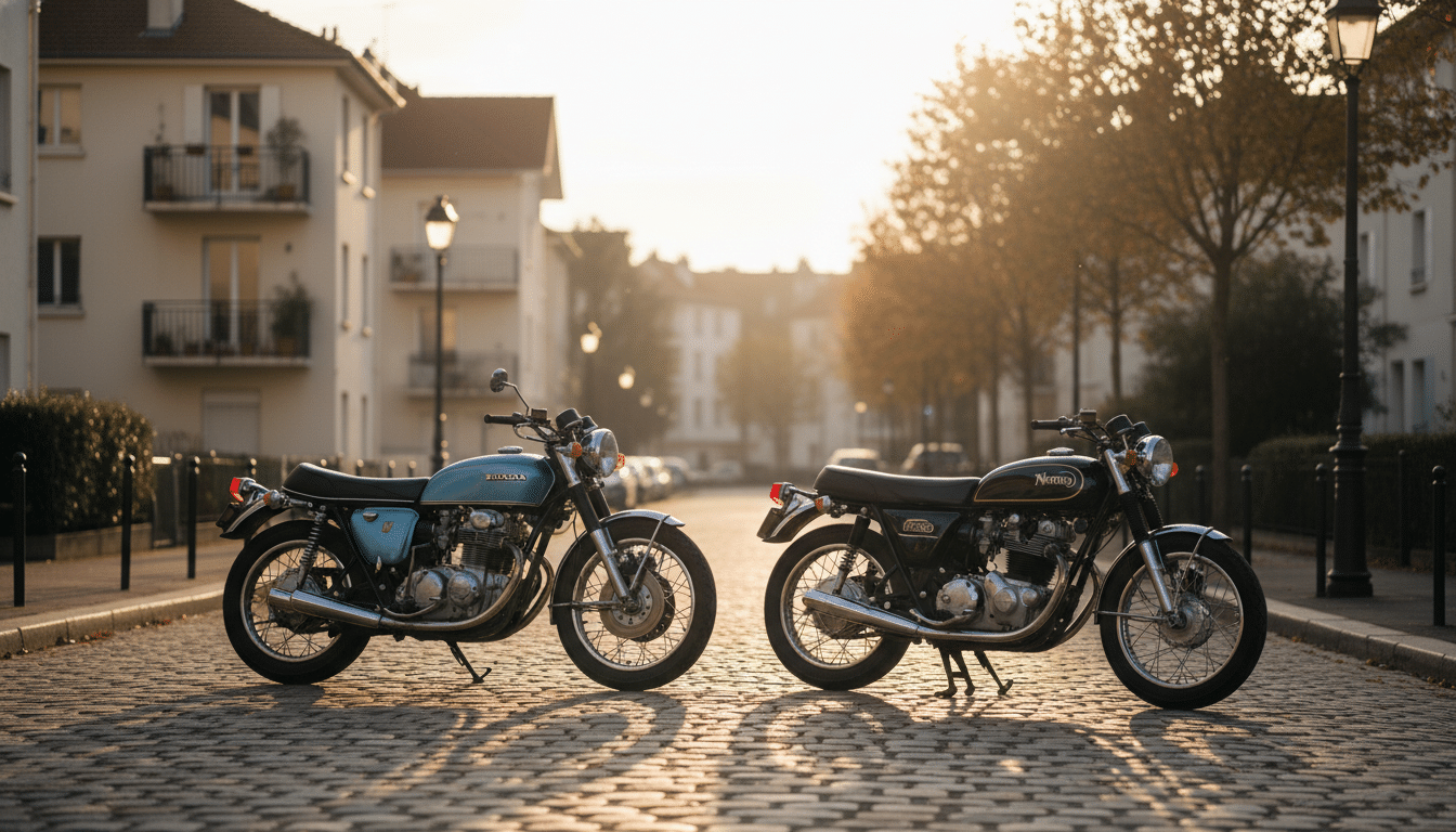 Deux motos garées dans une rue française au coucher du soleil