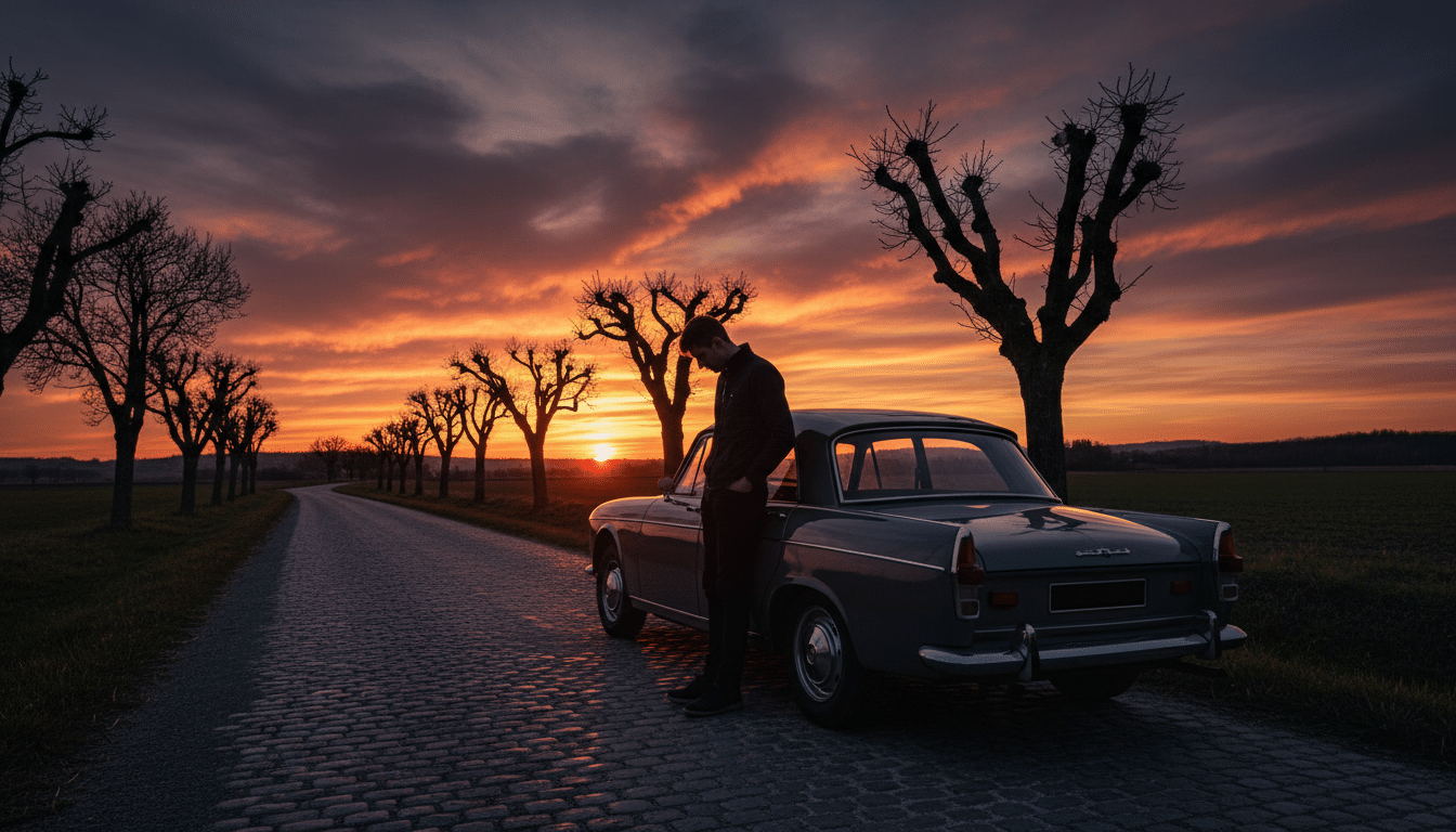 Silhouette d'un jeune homme au bord d'une route au crépuscule