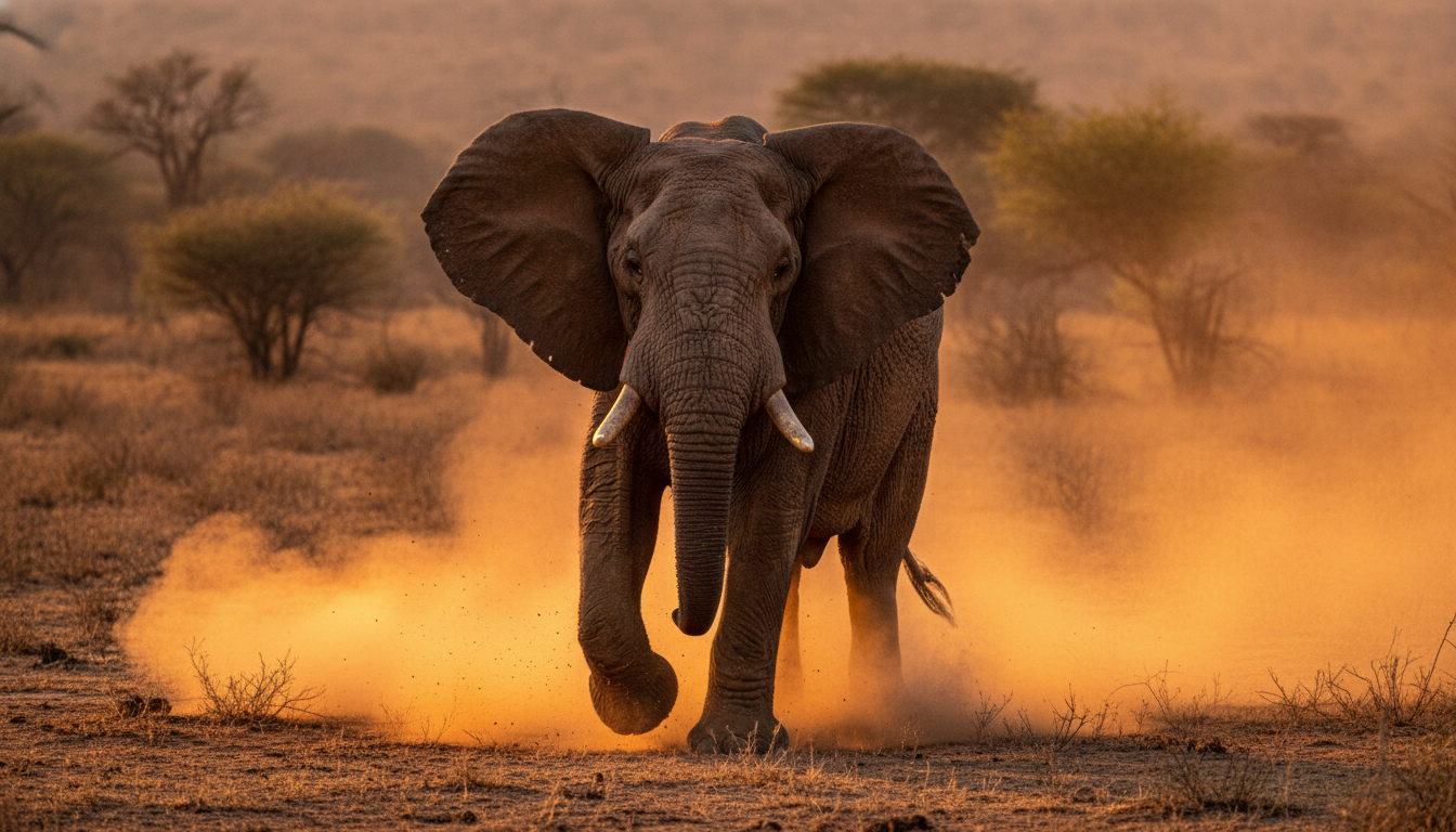 Éléphant d'Afrique en pleine charge dans la savane