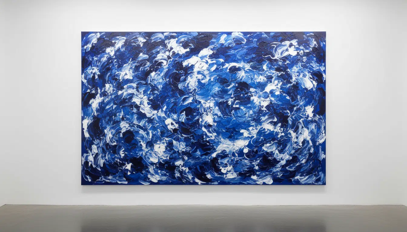 Toile abstraite texturée aux tons bleu et blanc, style peinture au couteau, accrochée dans une galerie d'art contemporaine