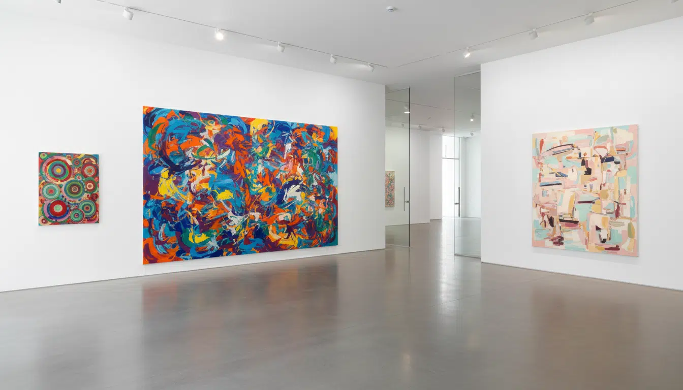 Salle d'exposition d'art contemporain avec de grandes toiles colorées accrochées sur des murs blancs, éclairage feutré de galerie