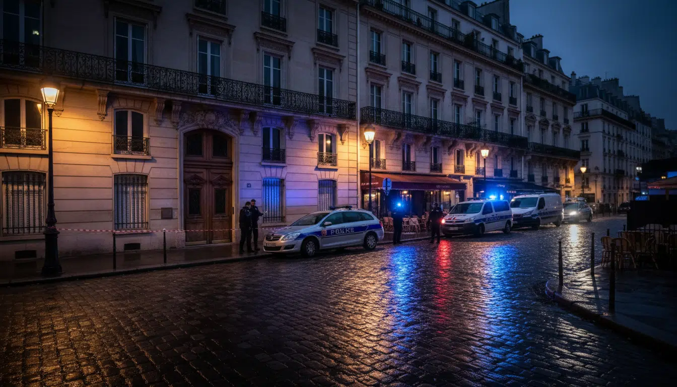 Rue du Faubourg-Poissonnière à Paris de nuit avec véhicules de police