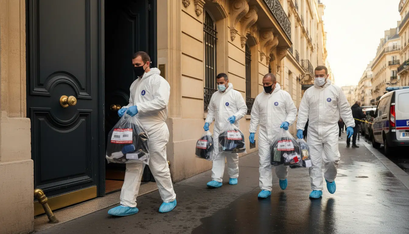 Police scientifique sortant de l'immeuble avec des scellés