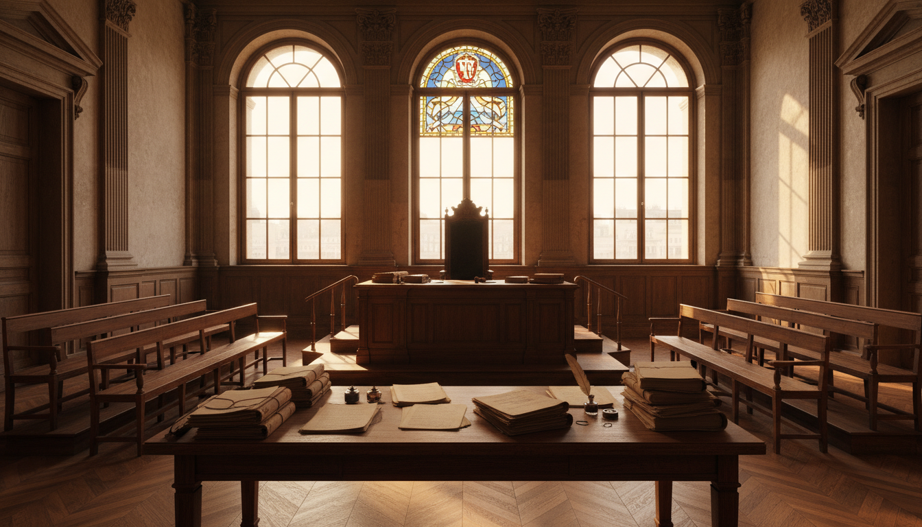 Intérieur d'un tribunal français avec documents juridiques