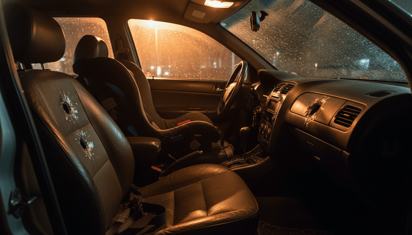Intérieur de voiture criblé de balles avec siège bébé
