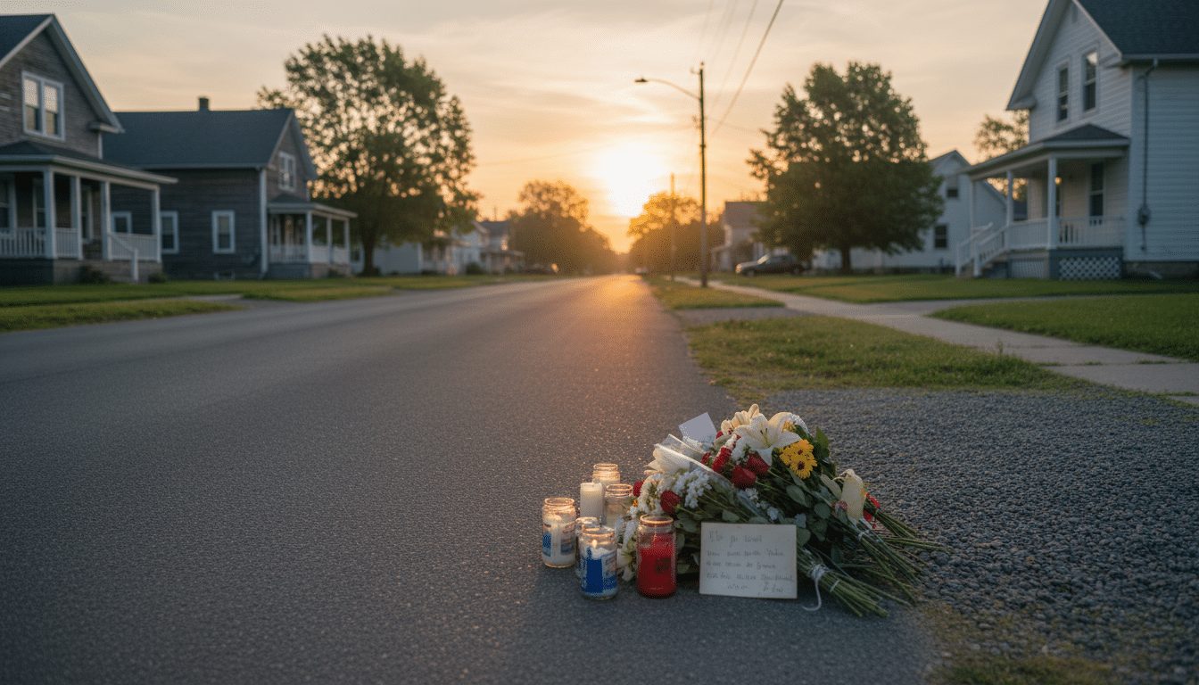 Mémorial de fleurs devant une maison dans une petite ville américaine