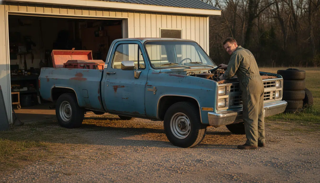 Pick-up Chevrolet C/K 1985 avant restauration devant un garage