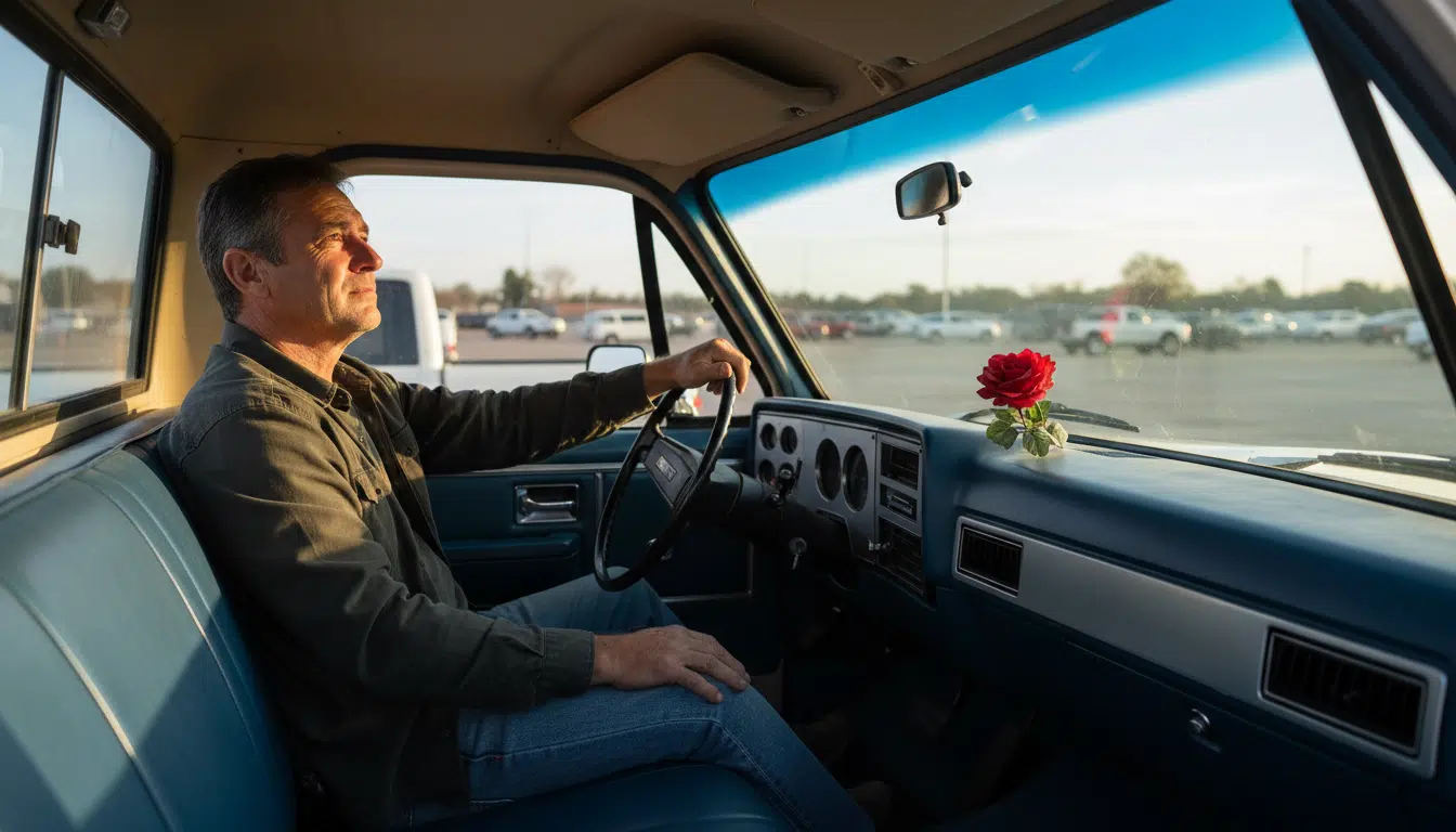 Le fils du propriétaire ému en découvrant la rose dans le pick-up restauré