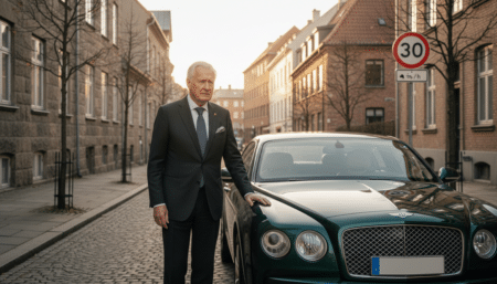 Homme âgé à côté d'une Bentley de luxe