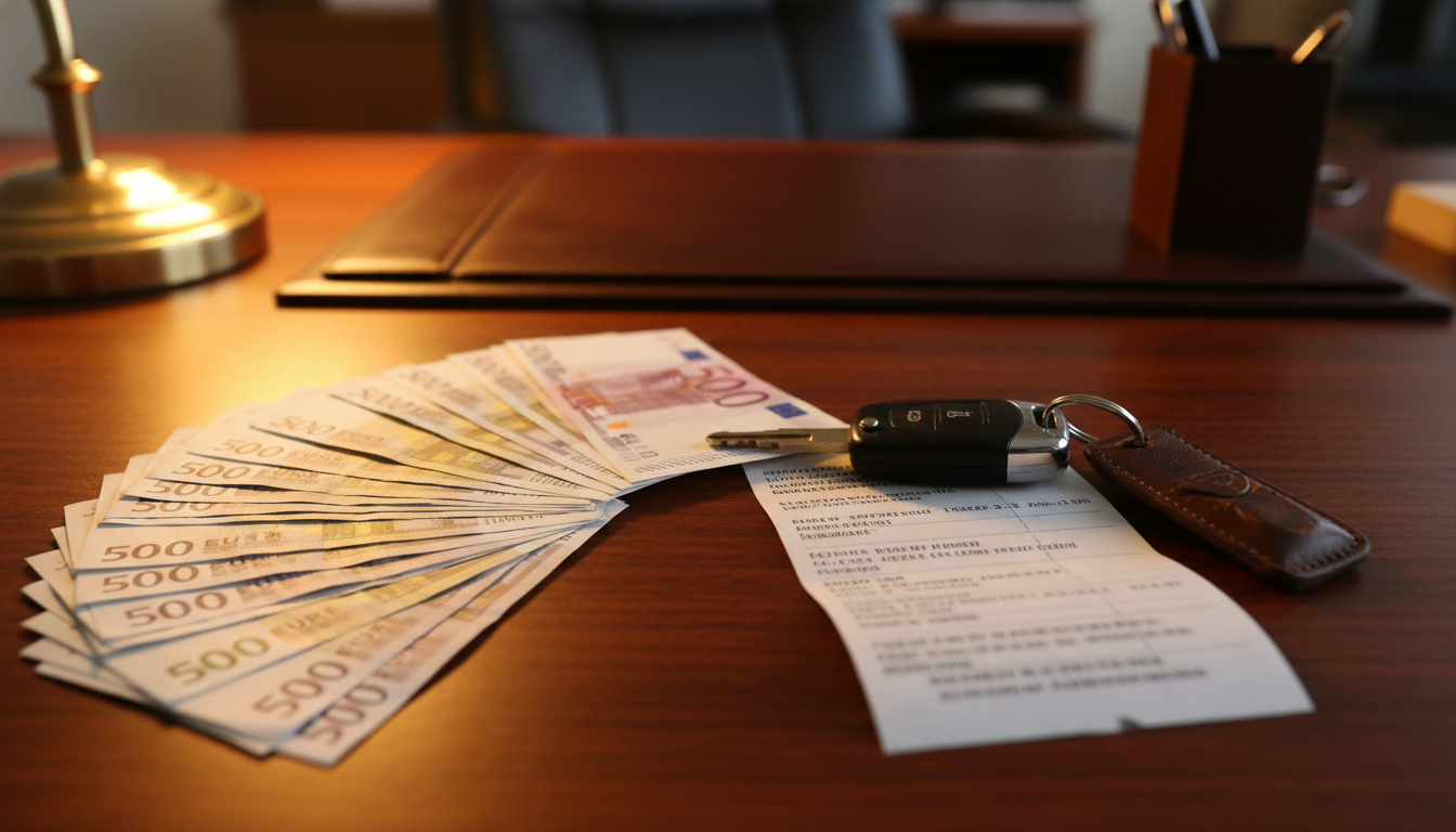 Billets d'euros et clés de voiture sur un bureau