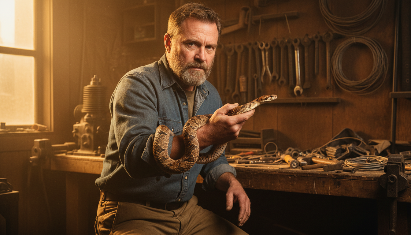 Homme tenant un serpent à tête cuivrée dans un atelier