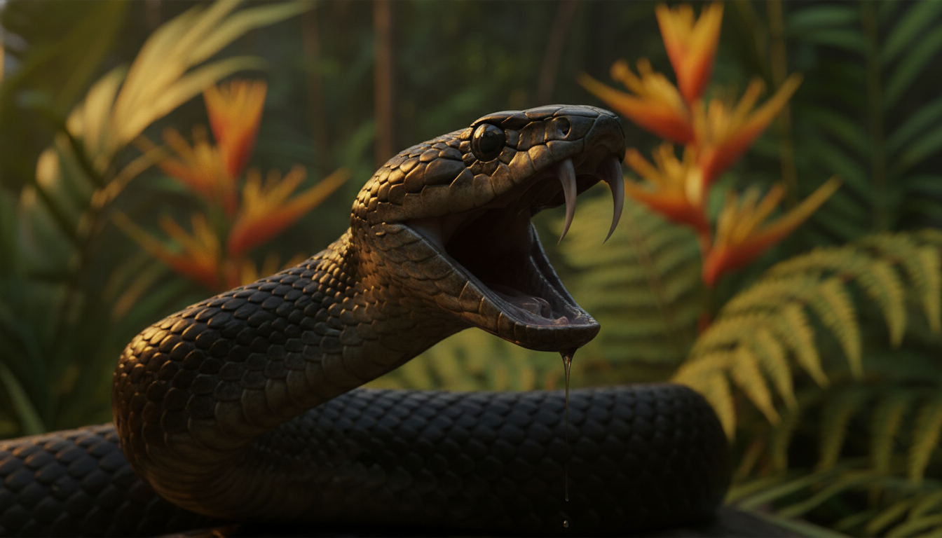 Mamba noir bouche ouverte montrant ses crochets venimeux