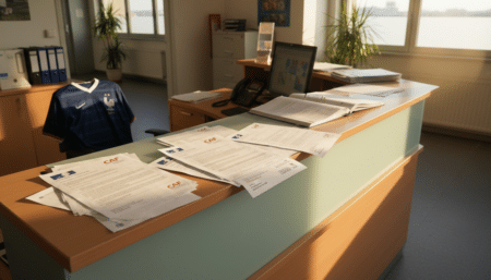 Bureau de la CAF avec documents officiels et maillot de football