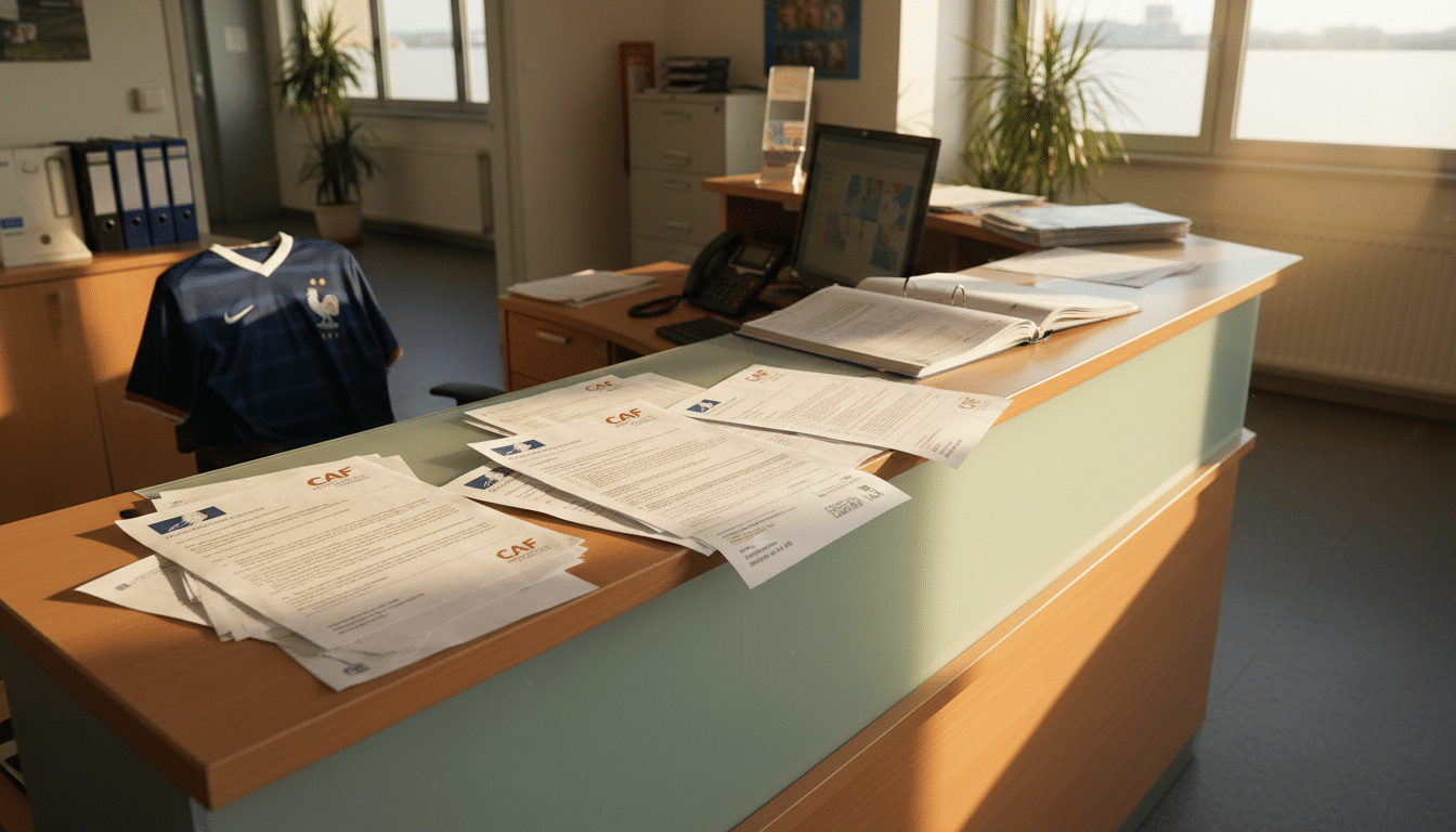 Bureau de la CAF avec documents officiels et maillot de football