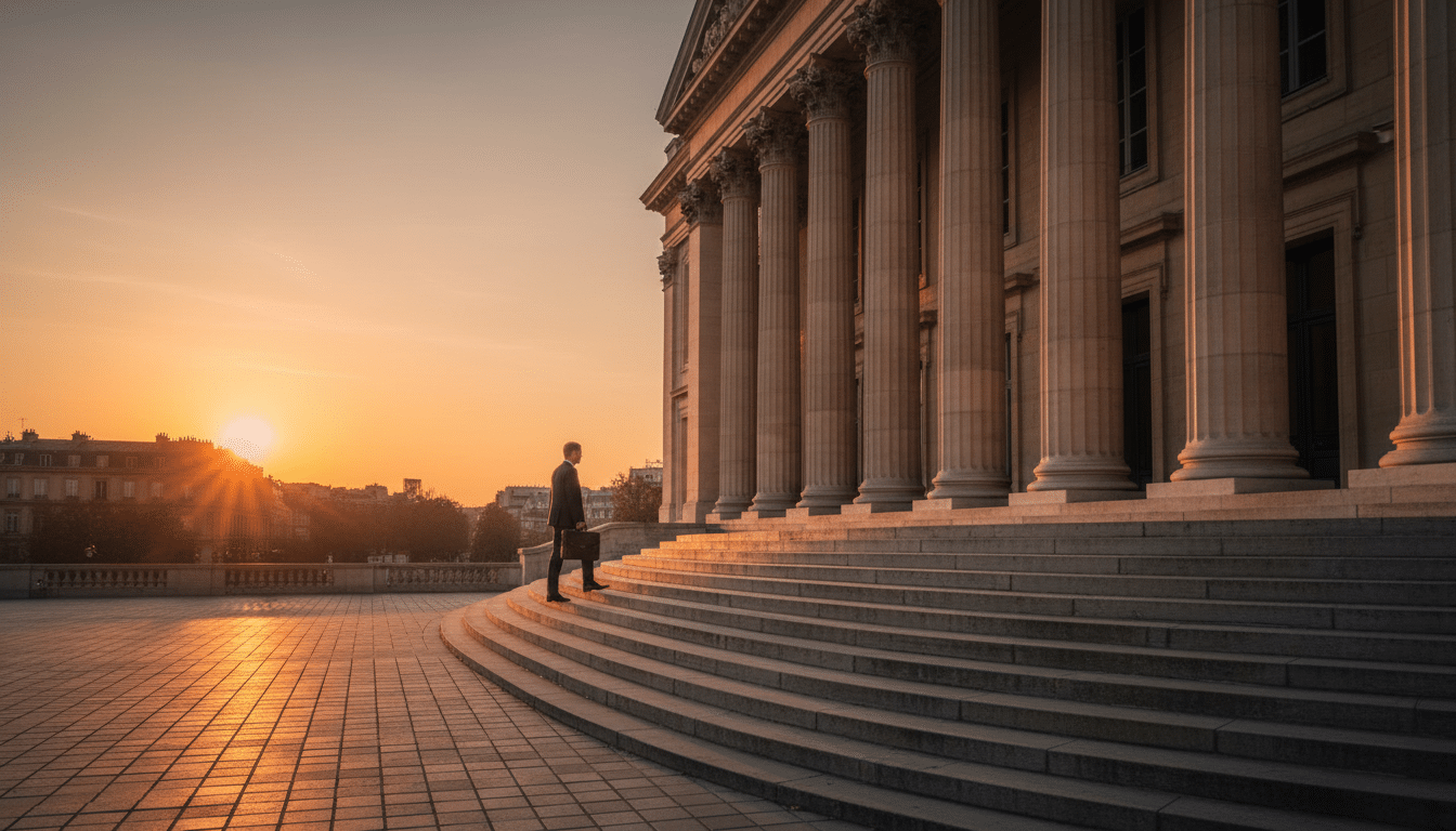 Façade du ministère des Finances à Paris au coucher du soleil