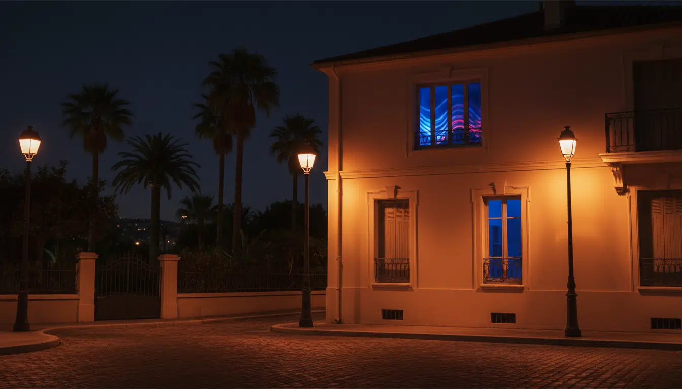 Immeuble de nuit à Nice avec lumières de police