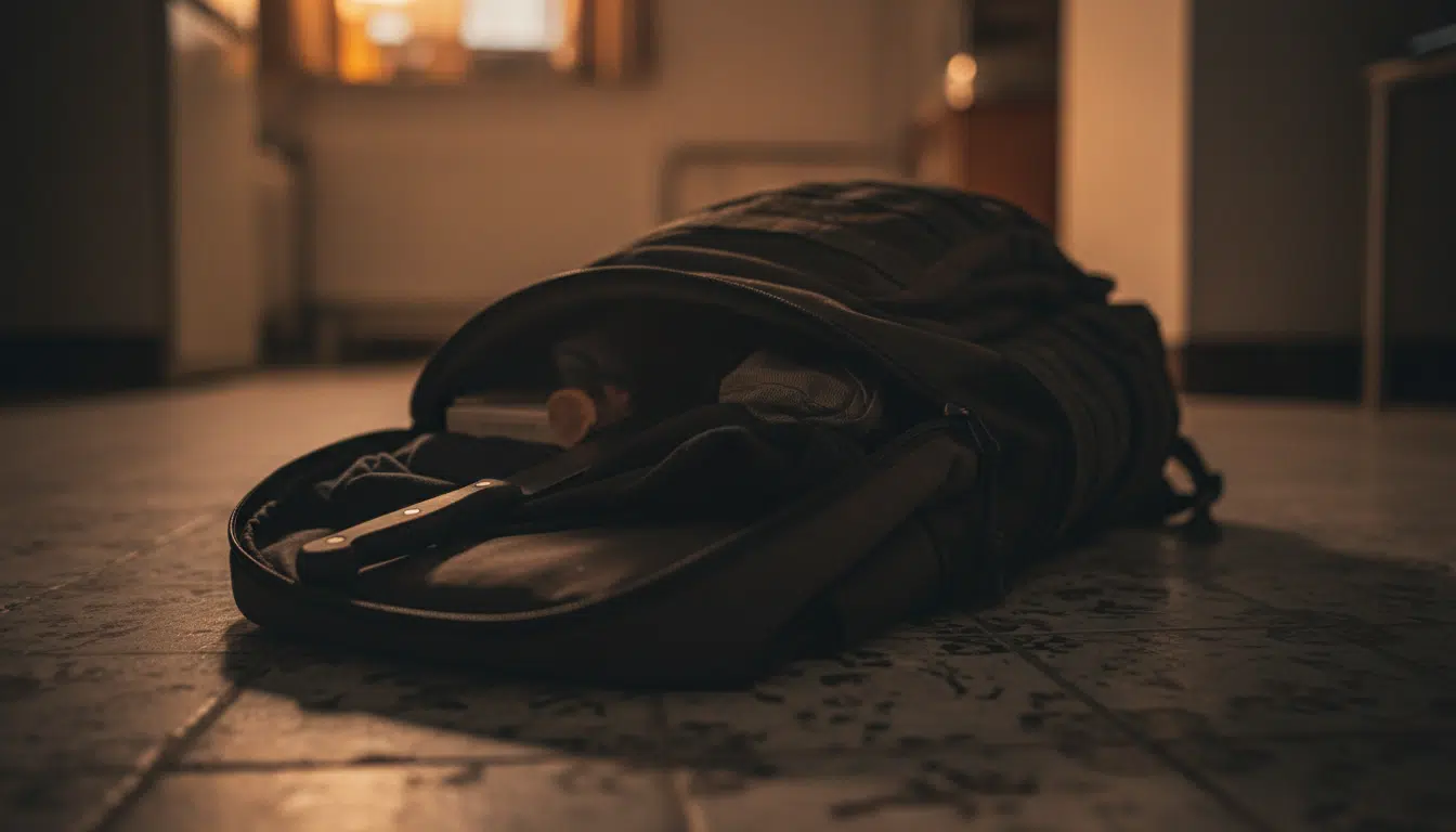 Sac à dos ouvert avec couteau sur le sol d'un appartement