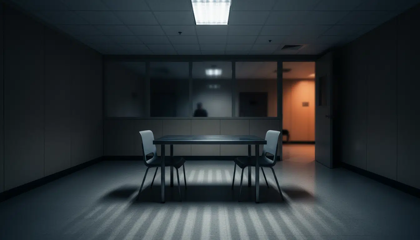 Salle d'interrogatoire vide avec table et chaises