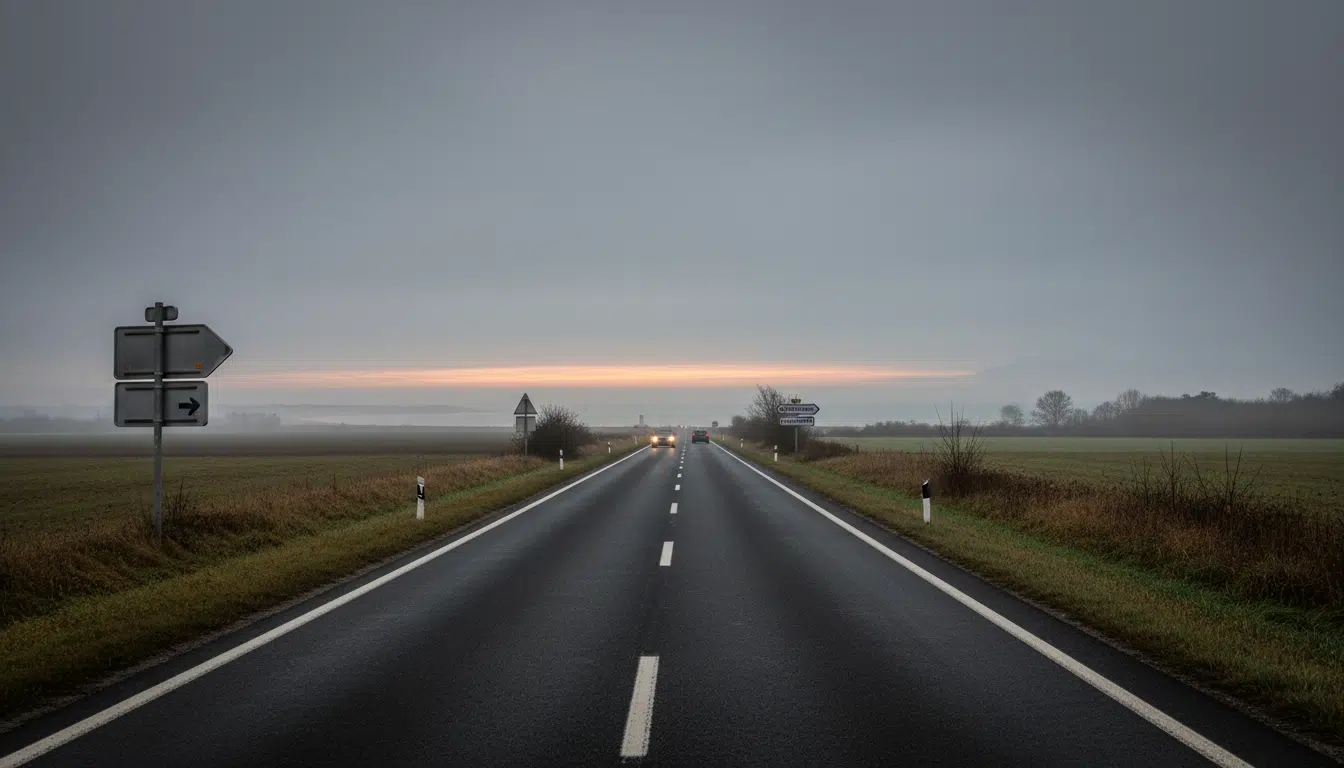 Route déserte vers la Normandie à l'aube