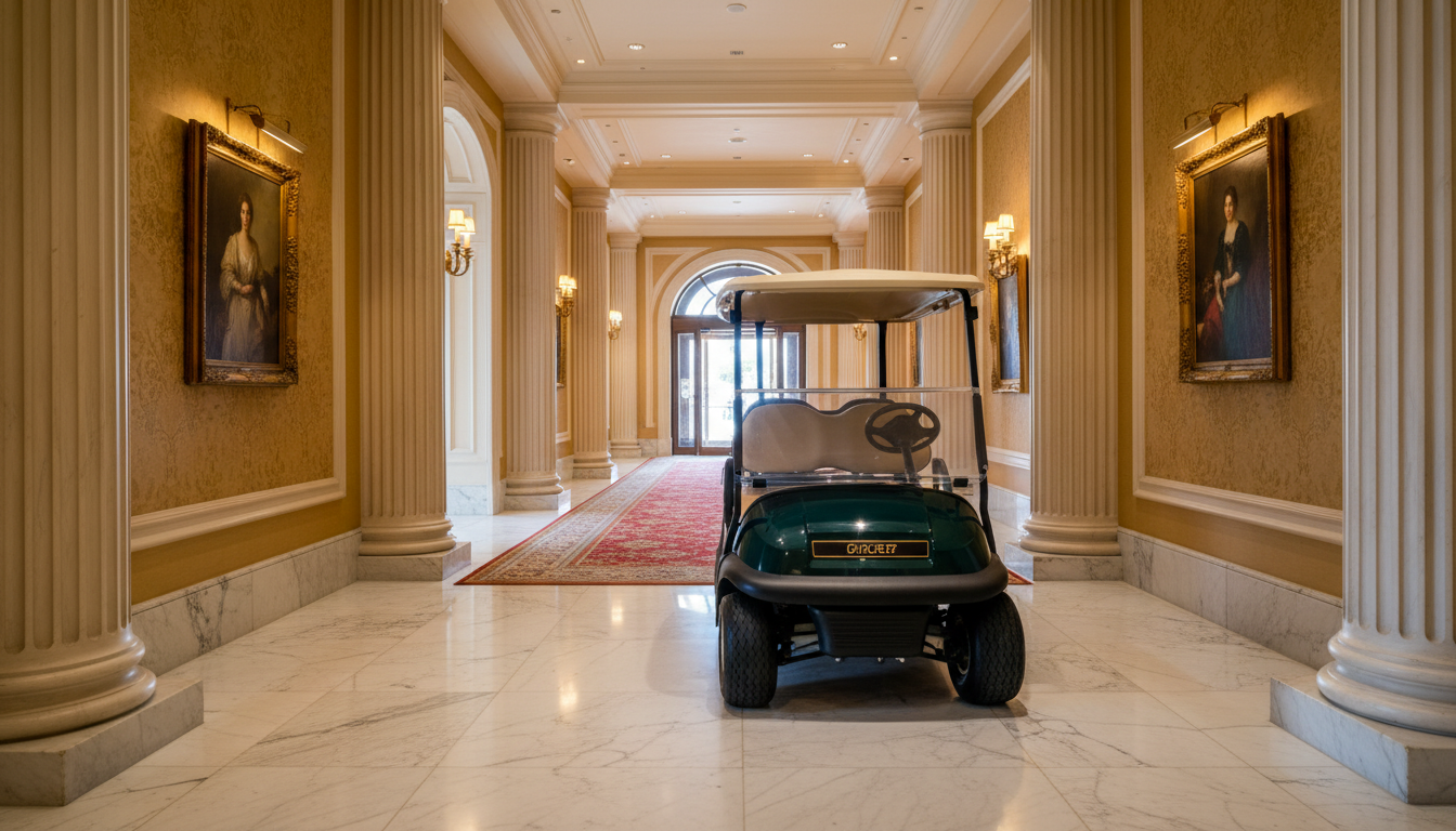 Voiturette de golf dans un couloir d'hôtel de luxe, ambiance dorée matinale