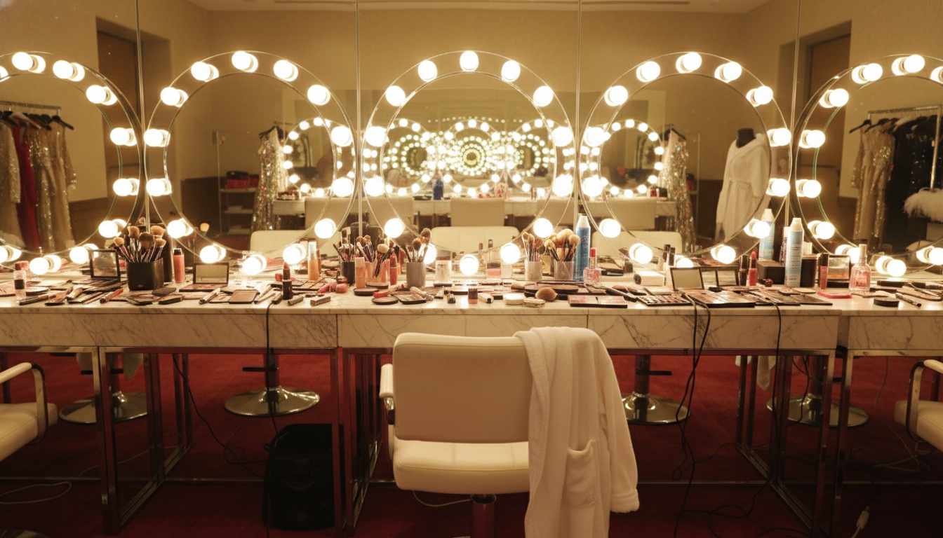 Coulisses maquillage d'un concours de beauté international, miroirs et lumières de loge