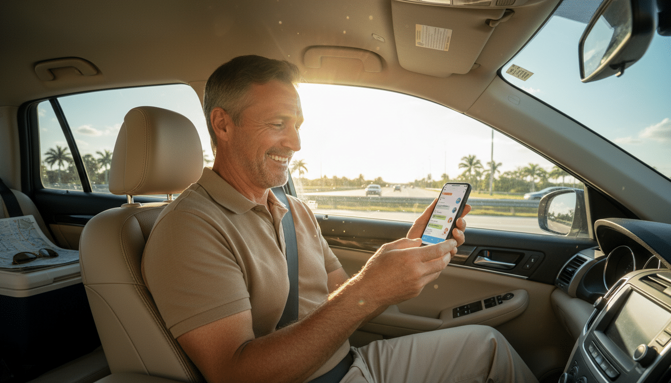 Homme consultant ChatGPT sur son téléphone en voiture