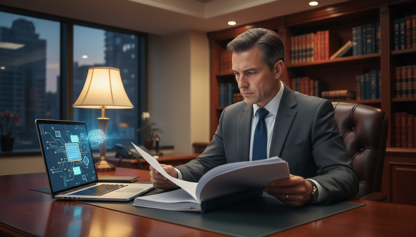 Avocat vérifiant un contrat immobilier à côté d'un ordinateur