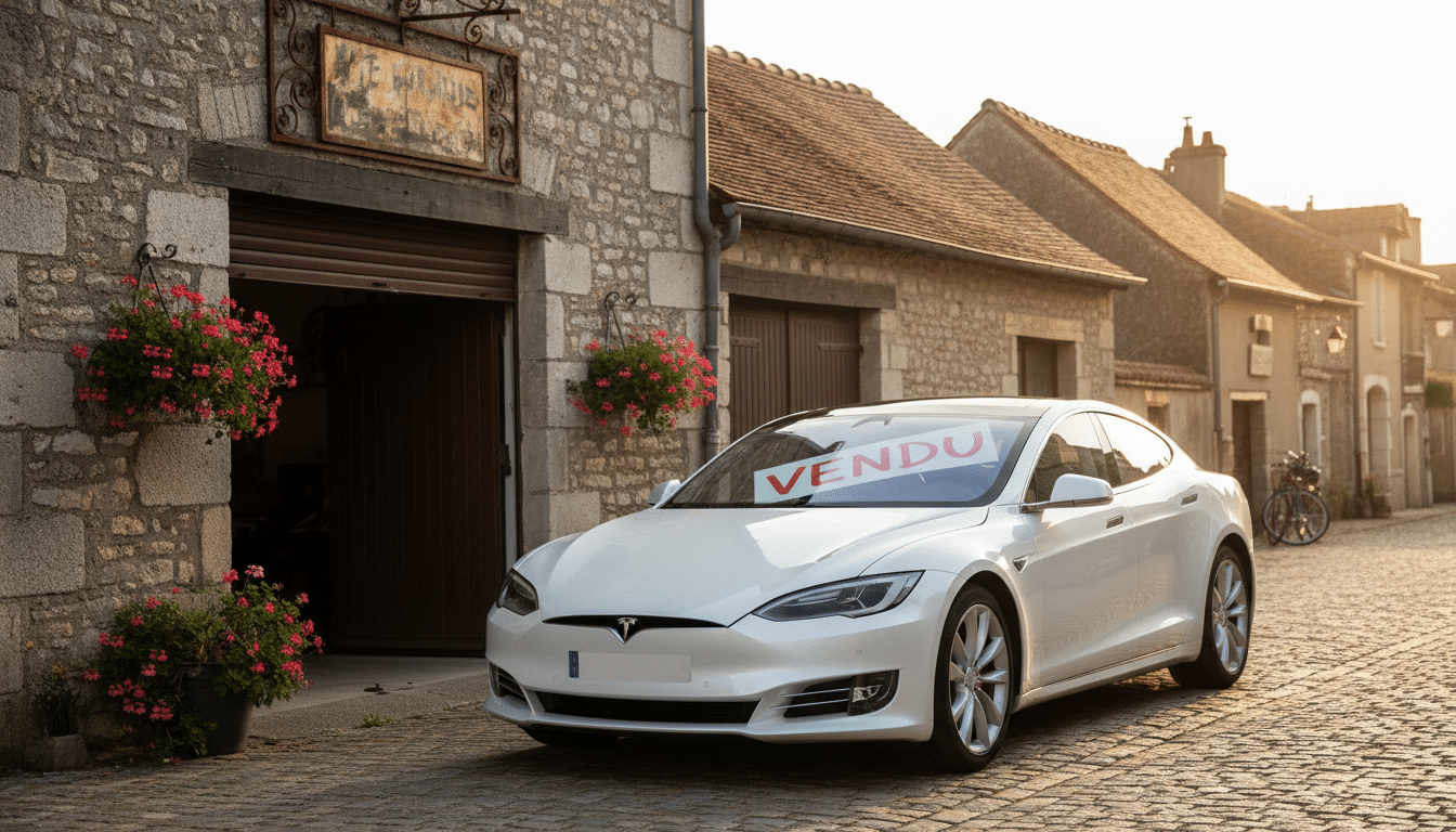 Tesla vendue devant un garage automobile en France