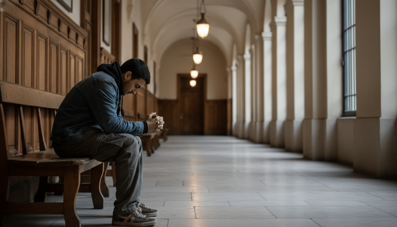 Jeune homme seul dans un couloir de tribunal