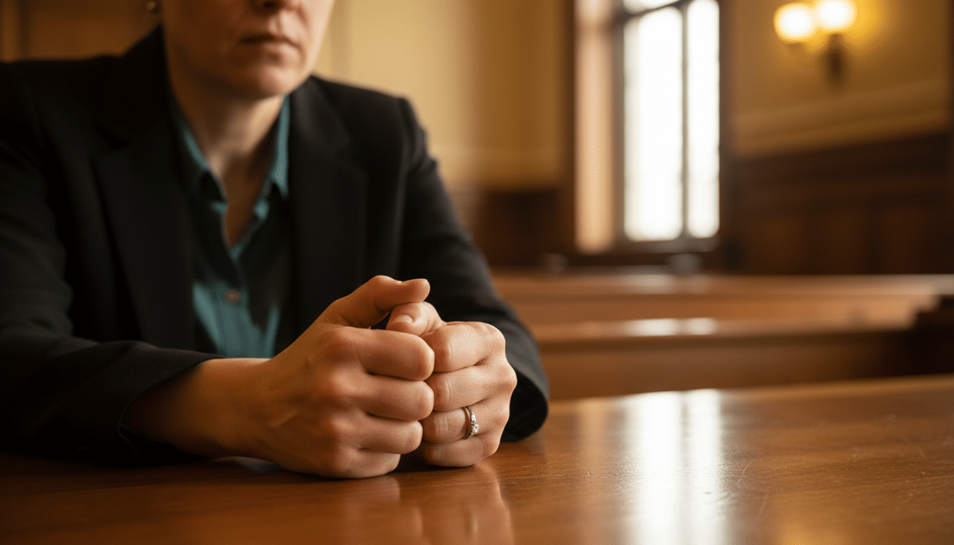 Mains d'une femme sur une table de tribunal