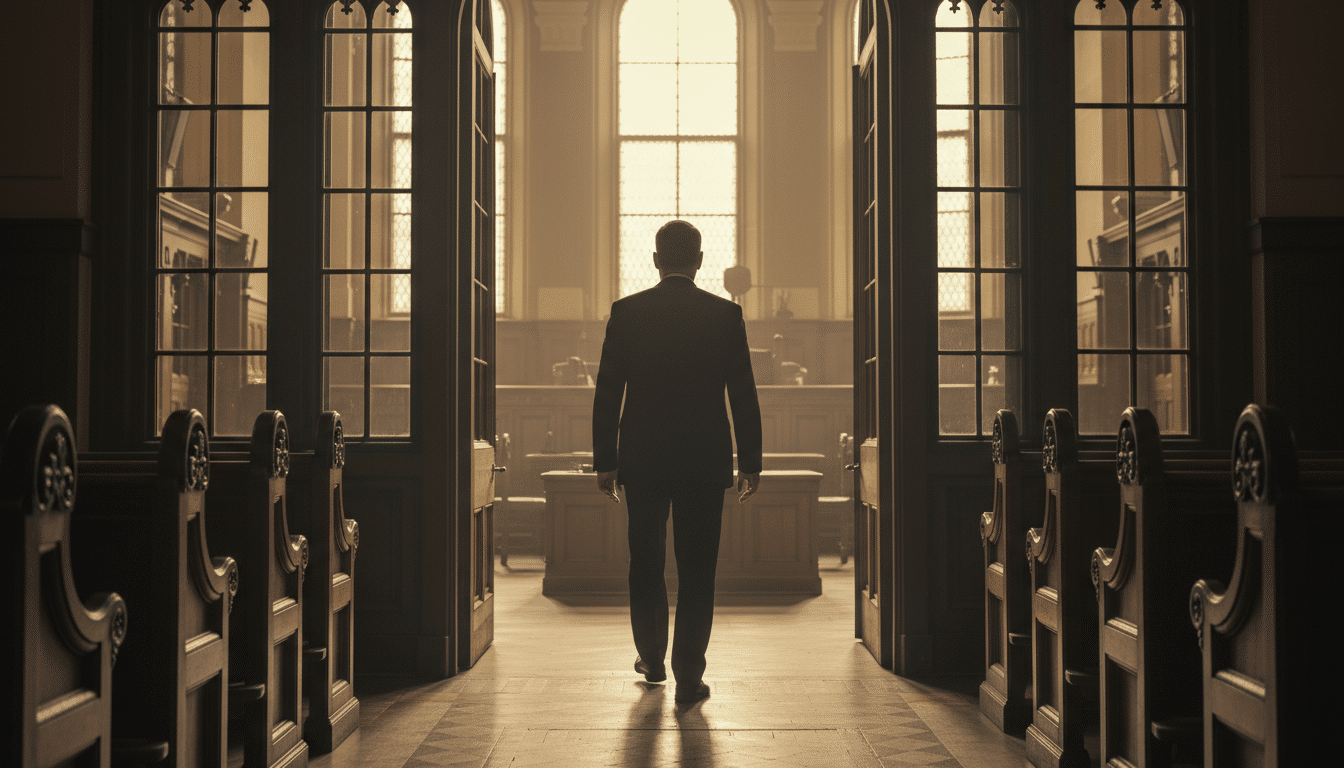 Homme de dos entrant dans une salle d'audience