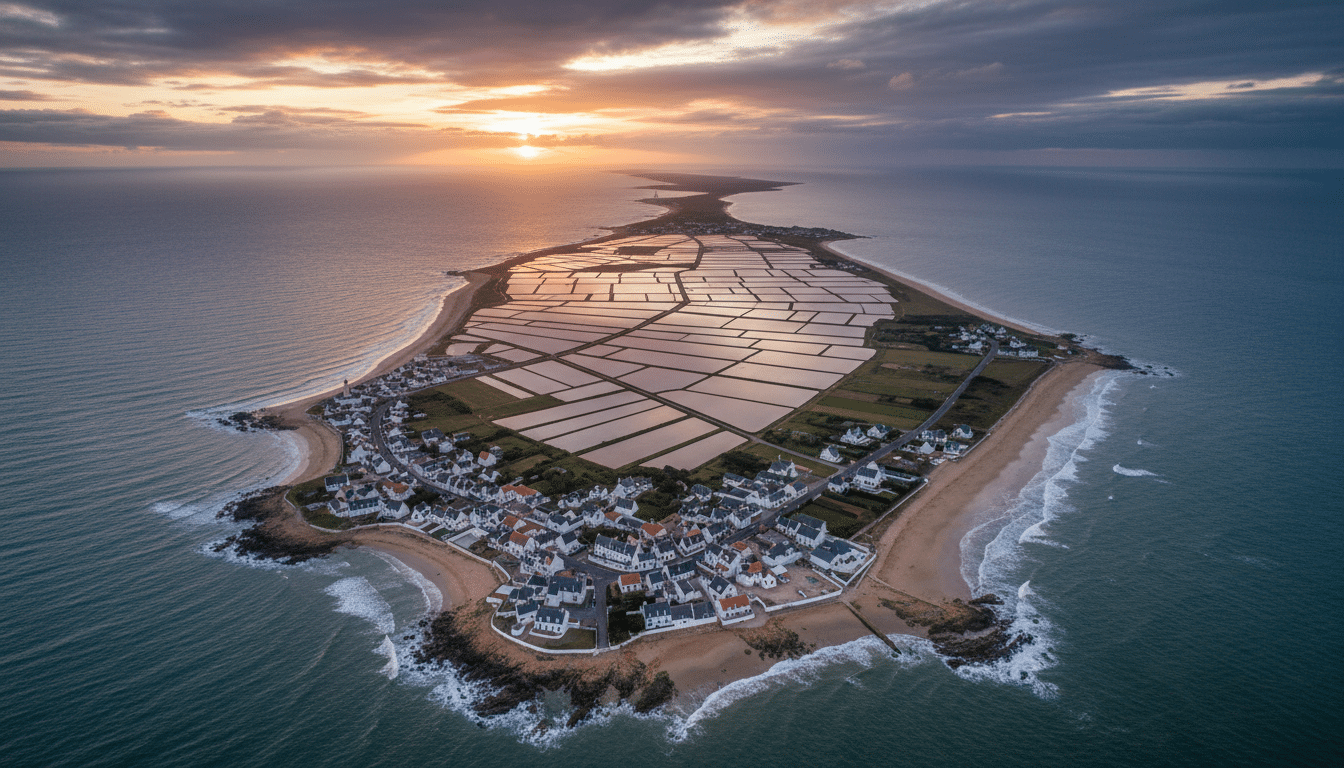 Vue aérienne de l'île de Ré au coucher du soleil