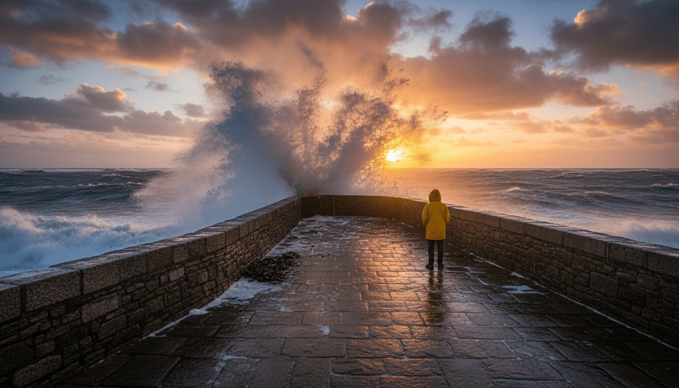 Vagues frappant une digue sur l'île de Ré