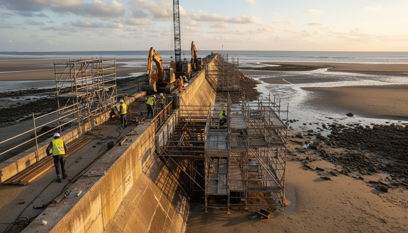 Travaux de renforcement d'une digue côtière sur l'île de Ré