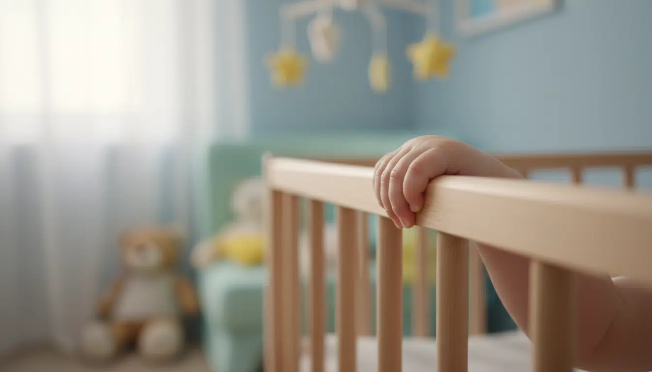 Main d'un petit enfant agrippant les barreaux d'un lit