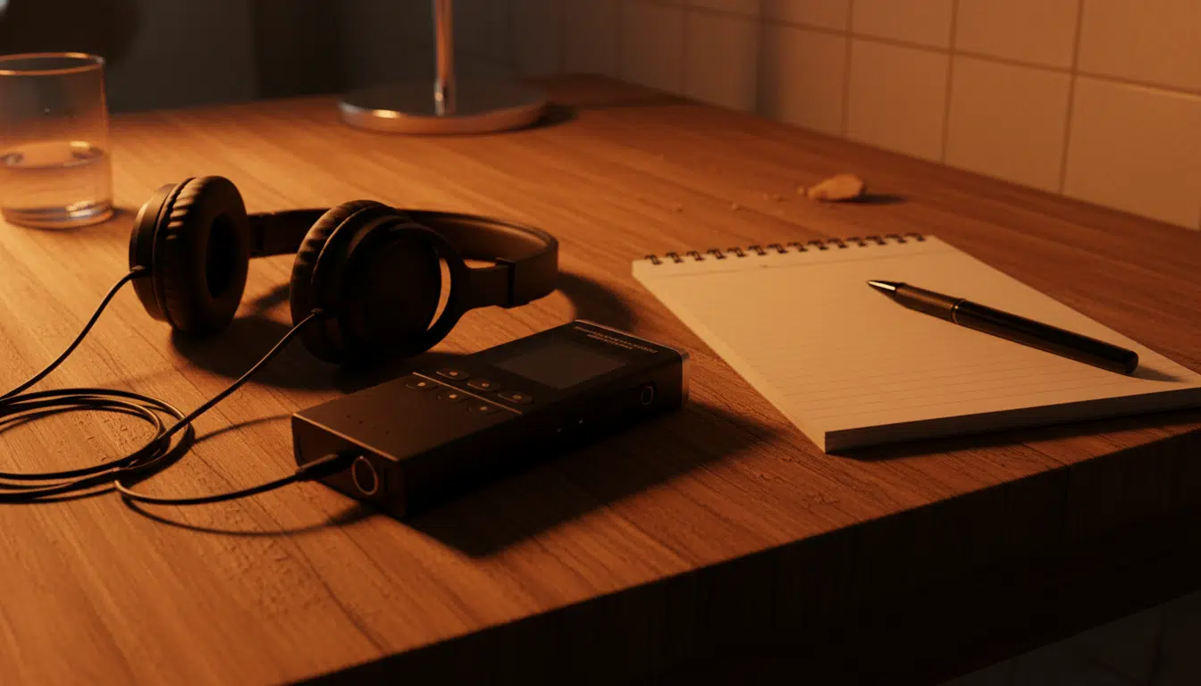 Dictaphone posé sur une table avec des écouteurs