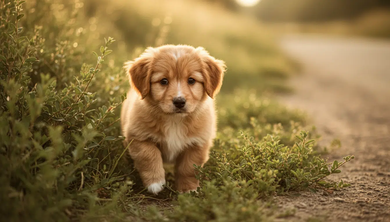 Chiot boiteux sortant des fourrés sur le bord d'une route