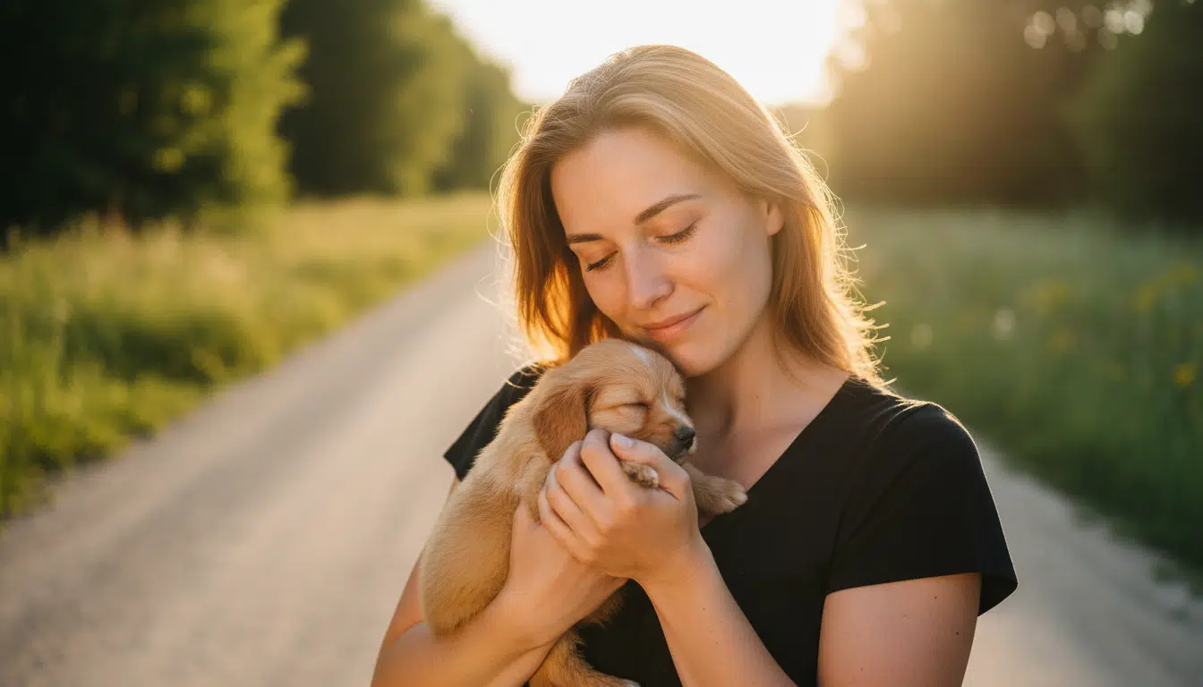 Femme tenant tendrement un chiot sauvé dans ses bras