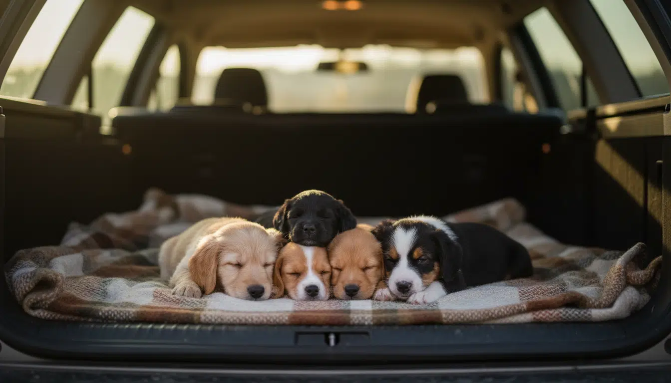 Cinq chiots regroupés à l'arrière d'un véhicule de sauvetage