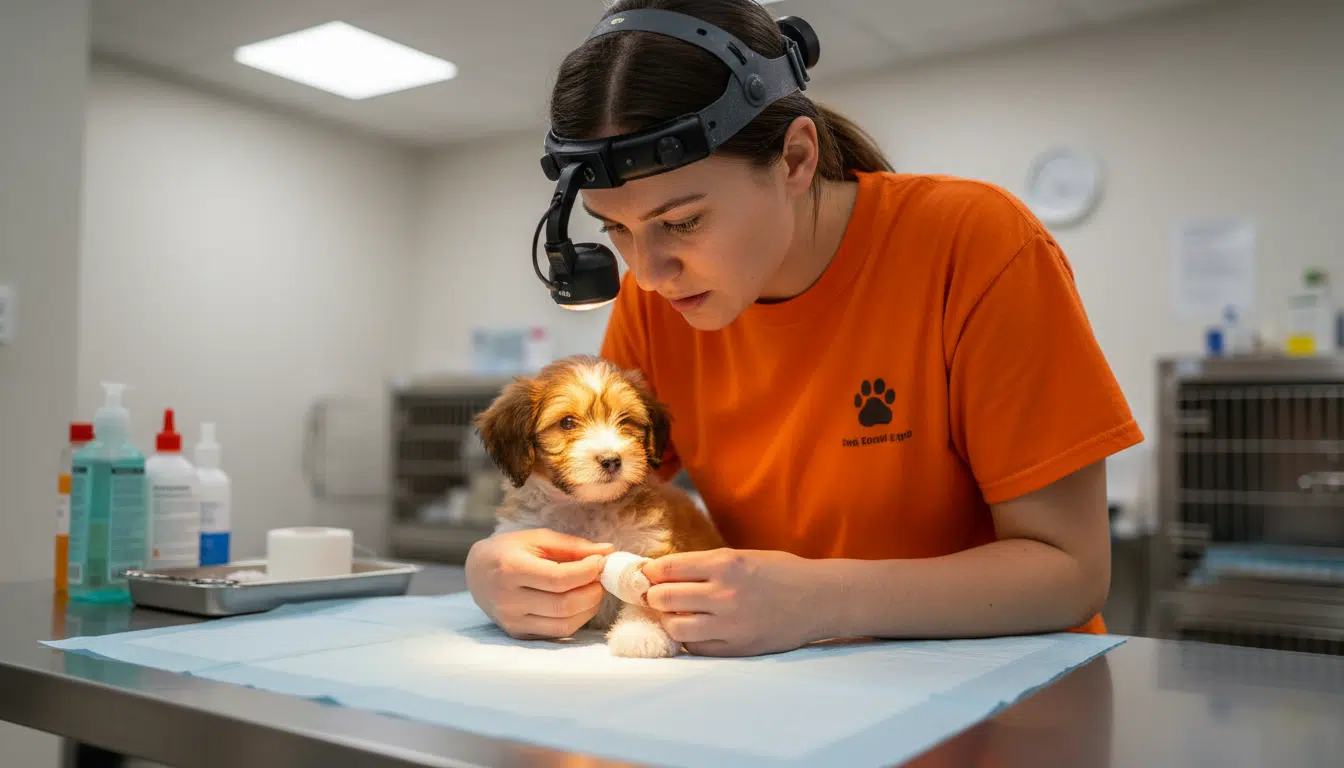 Vétérinaire examinant la patte blessée d'un chiot au refuge